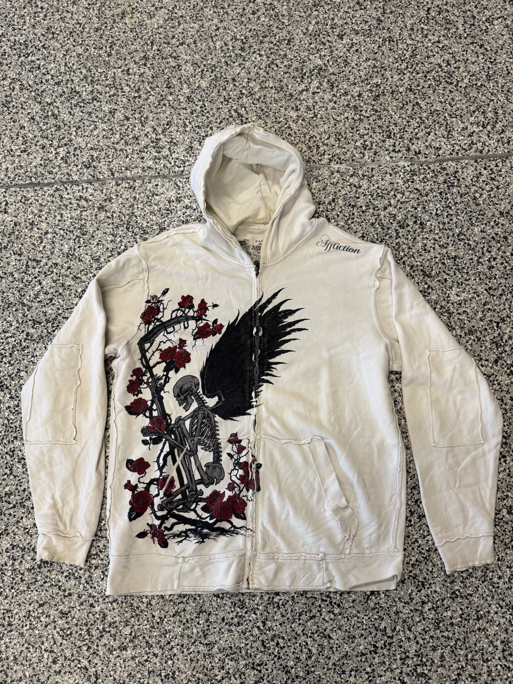 Y2K Affliction Cream Zip Hoodie with Black Winged Skeleton & Red Rose Print